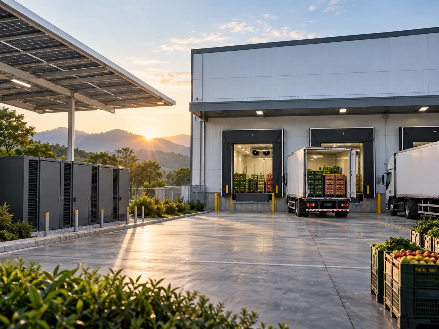 Visual conceitual de infraestrutura energética para cadeia fria agrícola