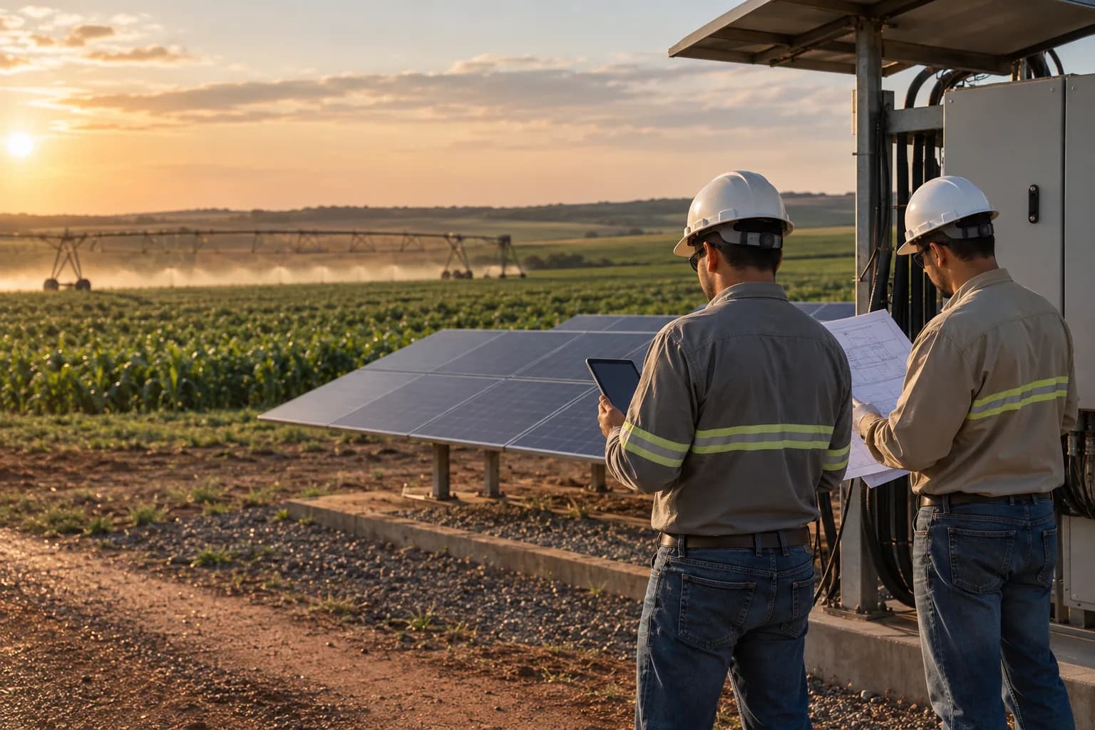 Visual conceitual de engenheiros avaliando uma instalação de energia solar no campo