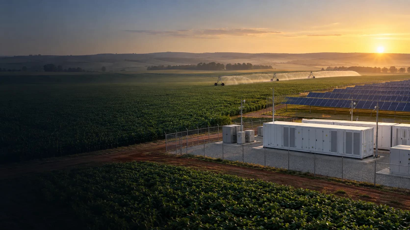 Visual conceitual de uma operação agrícola integrada a energia solar, armazenamento em baterias e irrigação