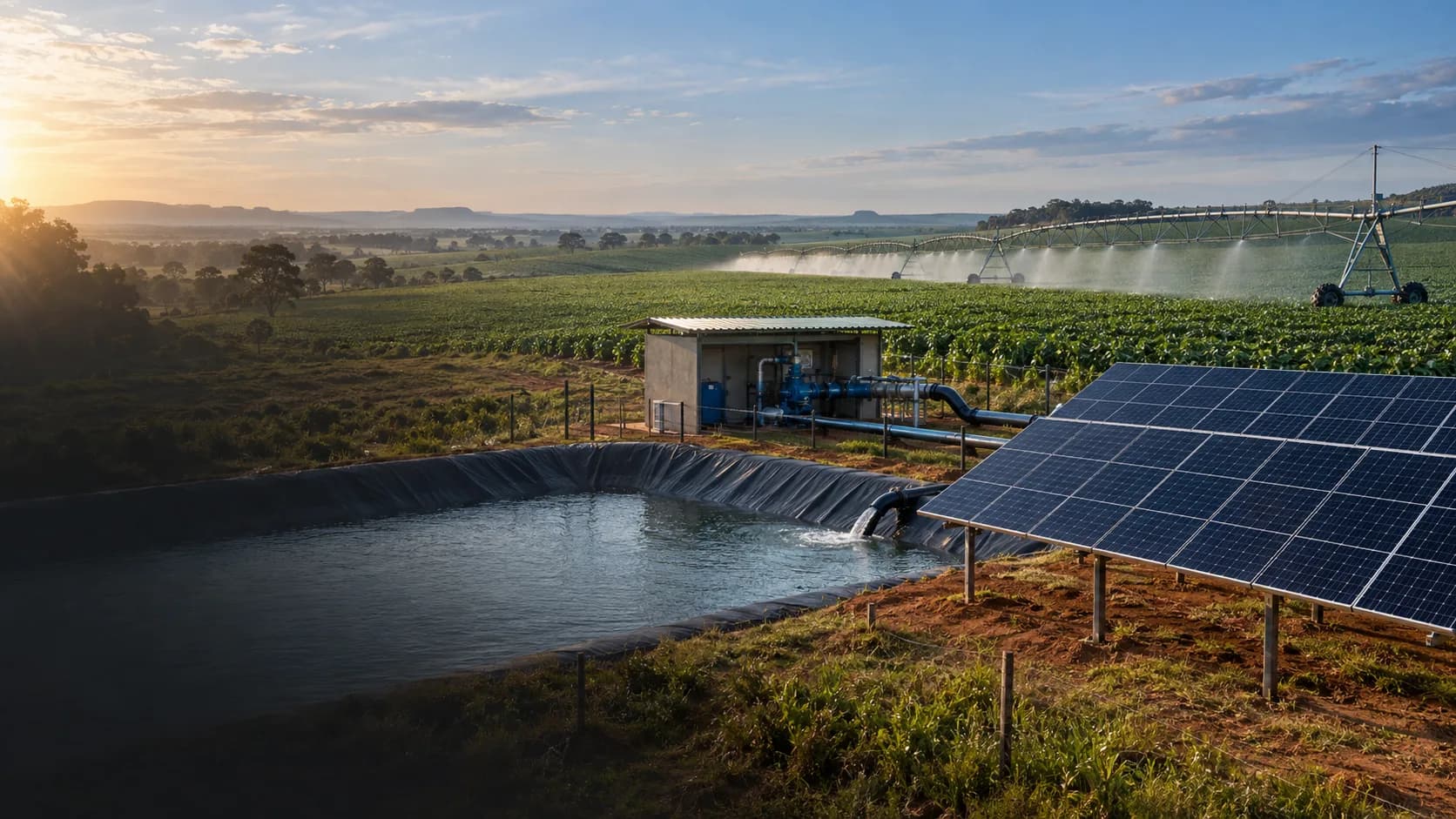 Visual conceitual de irrigação alimentada por energia solar no campo