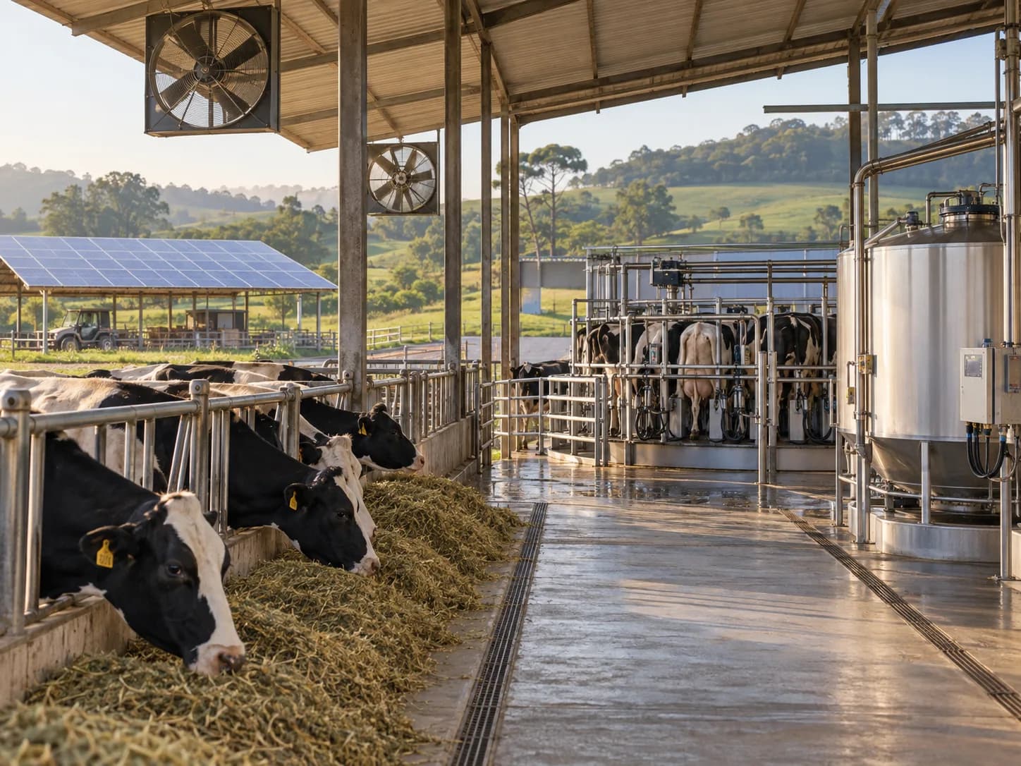 Visual conceitual de ordenha e resfriamento de leite integrados à energia solar