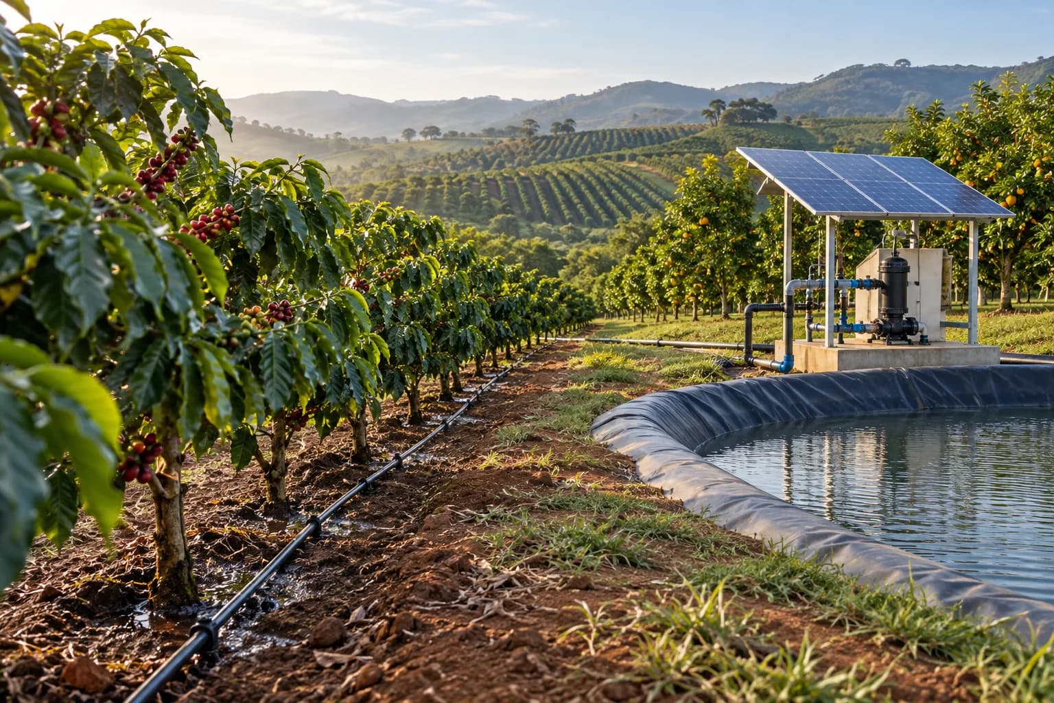 Visual conceitual de irrigação por gotejamento e bombeamento solar em cultivo de café