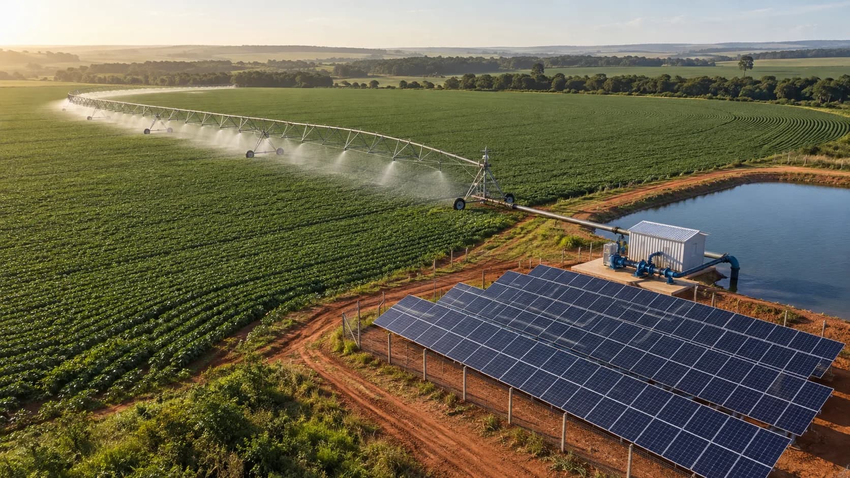 Visual conceitual de pivô irrigando uma lavoura com bombeamento solar off-grid