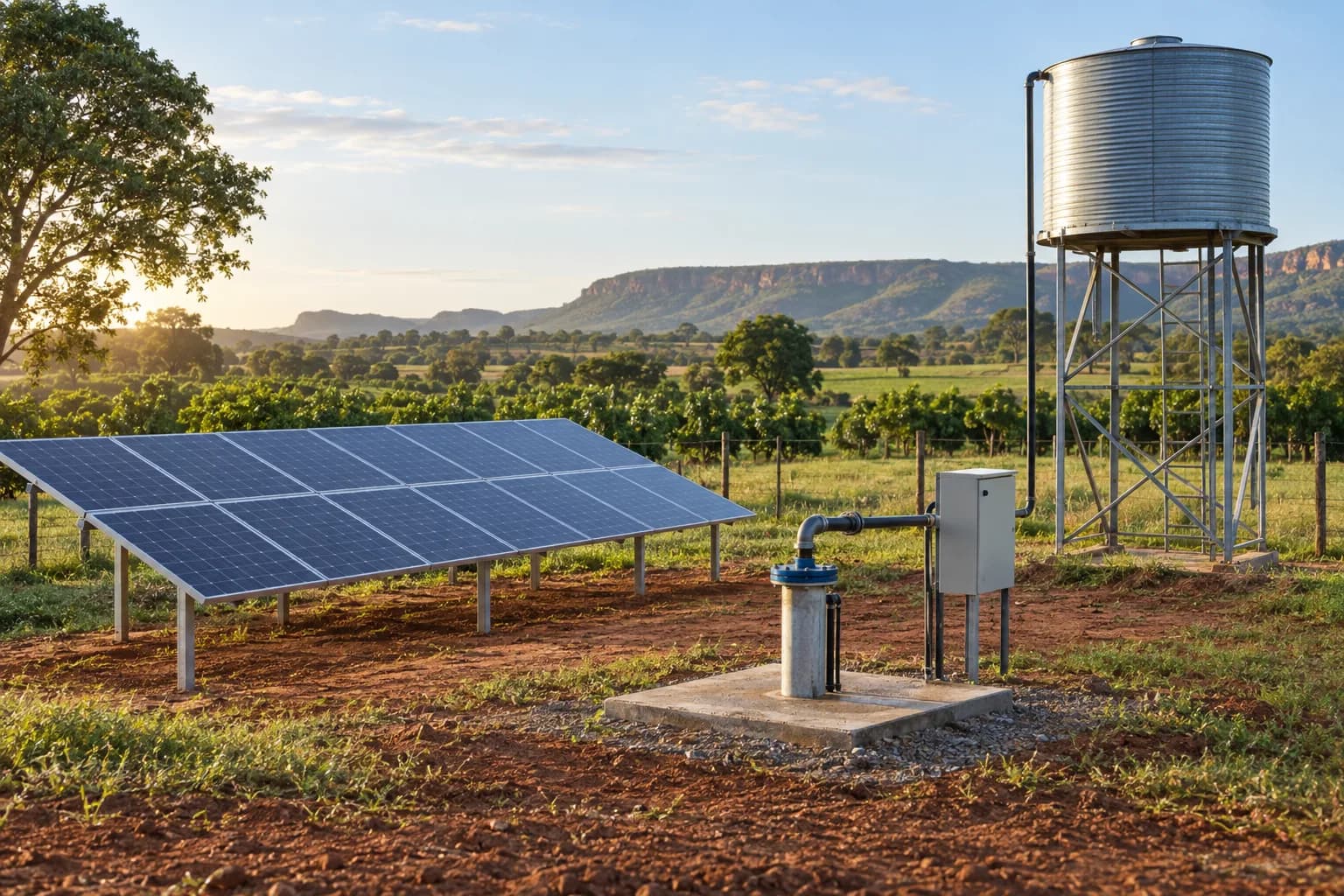 Visual conceitual de poço com bombeamento solar e reservatório elevado em propriedade rural