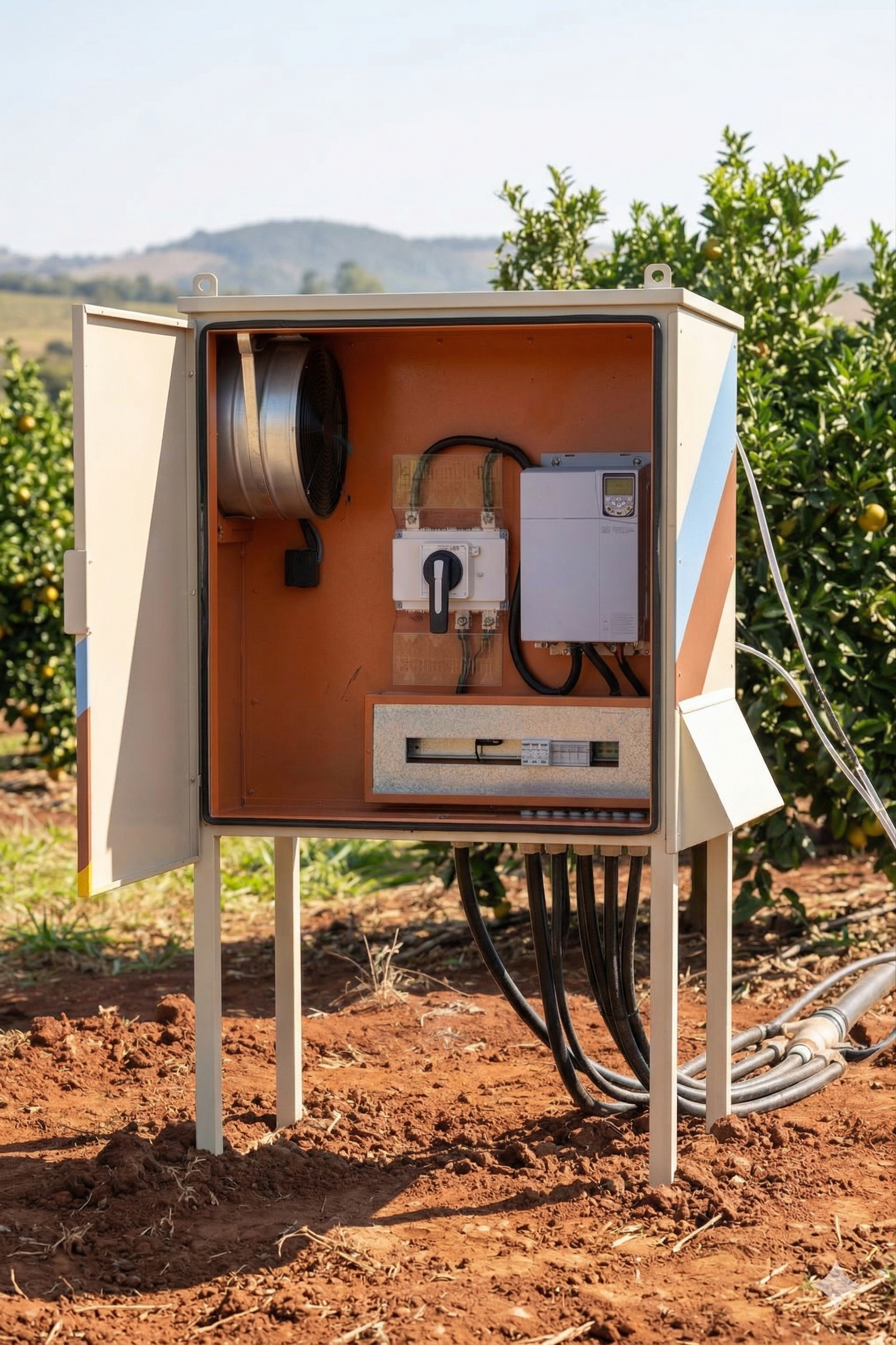 IrrigaBox aberta mostrando interior com inversor instalado no campo