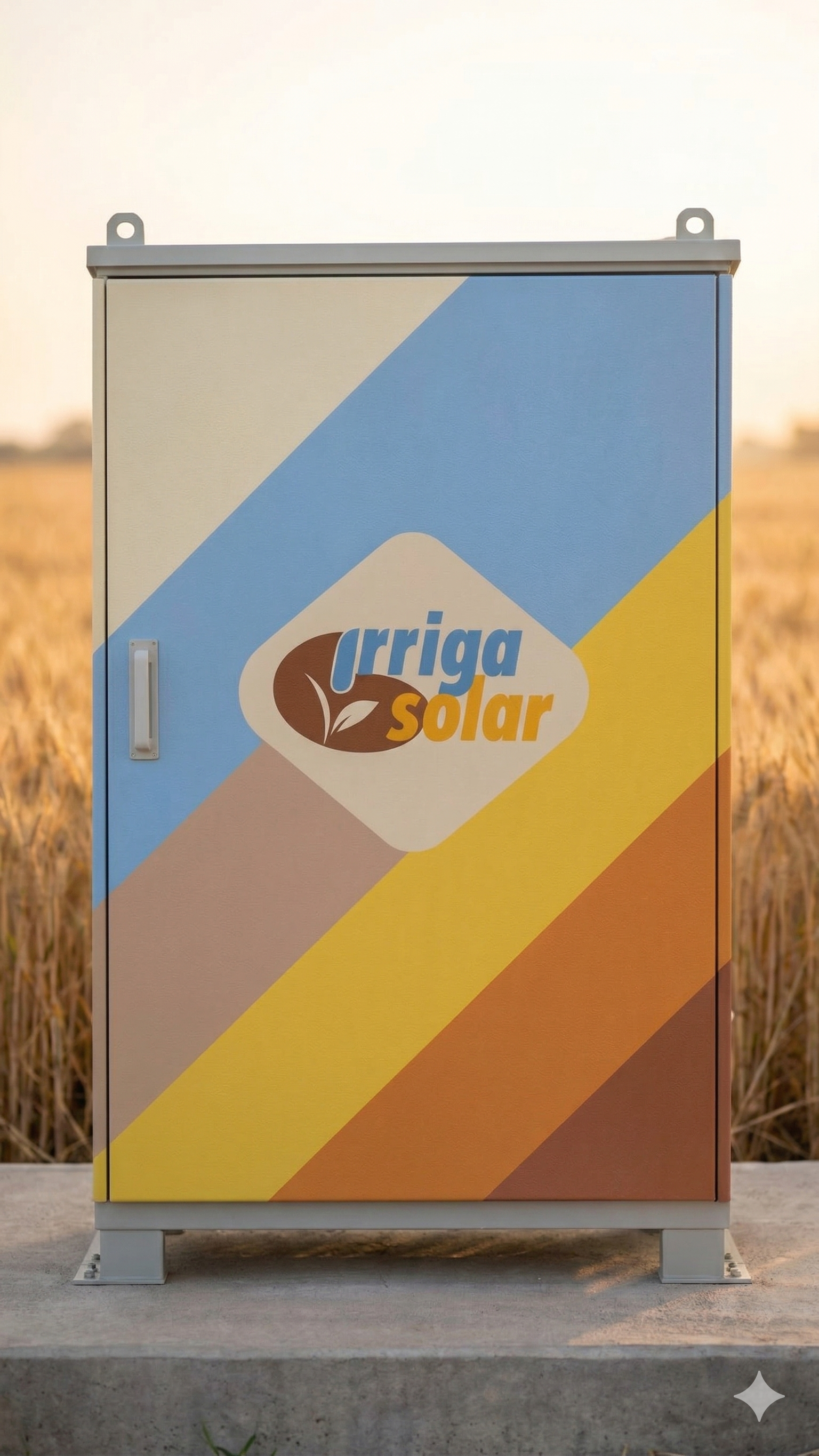 IrrigaBox — Quadro casinha Irrigasolar com marca colorida instalada no campo