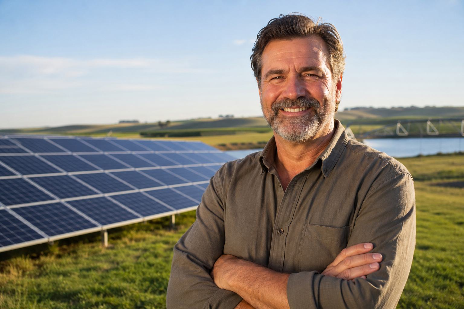 Produtor rural sorrindo com placas solares e paisagem agrícola ao fundo